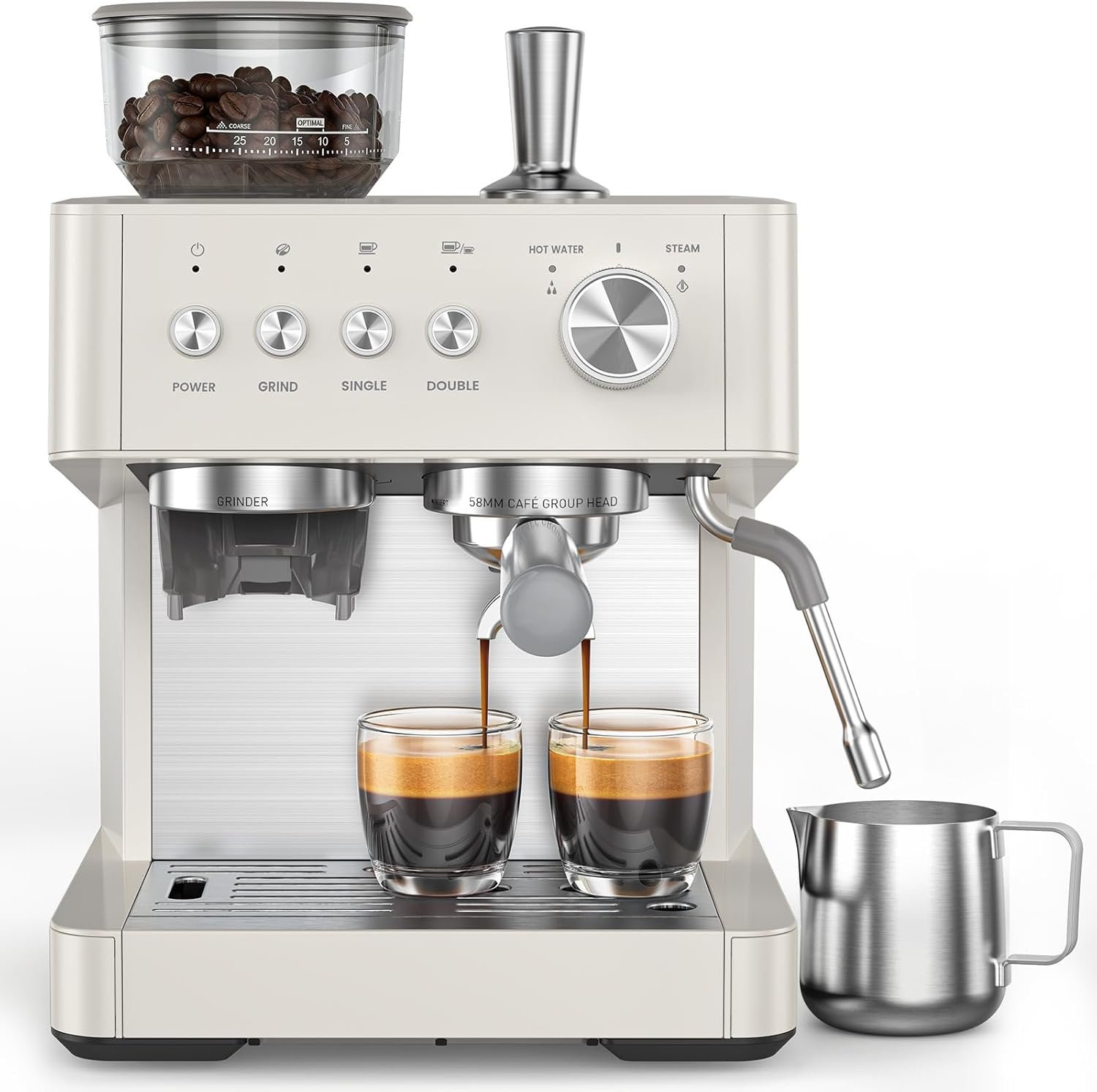 White 20-Bar Espresso Machine with Anti-Clog Grinder