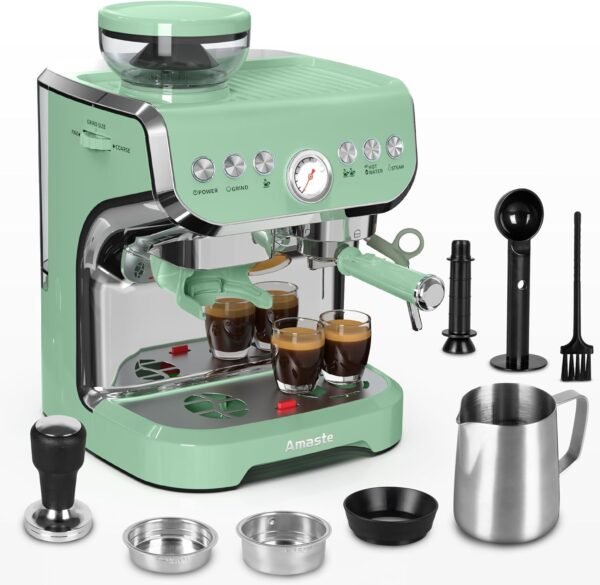 Amaste Espresso Machine with Grinder, 15 Bar Espresso Machine with Steam Wand for Latte and Cappuccino, 68Oz Water Tank, Pre-Infuse Brewing, Espresso Coffee Maker for Home Use, Barista Kit, Green Amaste Espresso Machine with Grinder, 15 Bar Espresso Machine with Steam Wand for Latte and Cappuccino, 68Oz Water Tank, Pre-Infuse Brewing, Espresso Coffee Maker for Home Use, Barista Kit, Green