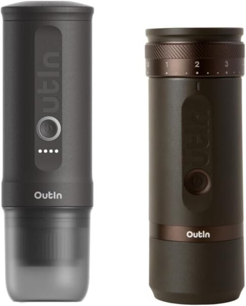 OutIn Nano Portable Electric Espresso Machine with Fino Portable Electric Coffee Grinder, Brown  Grey