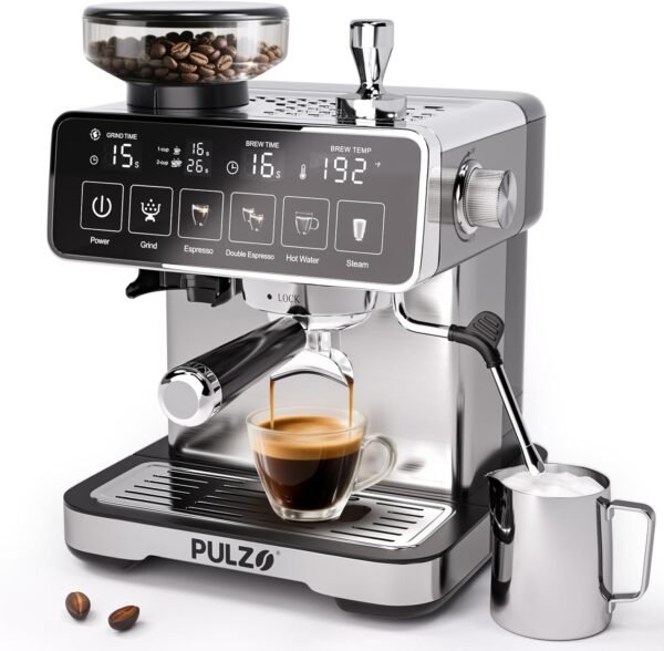 PULZO Espresso Machine with Grinder, 20 Bar Professional Coffee Machine with Milk Frother Steam Wand, All-in-One Stainless Steel Coffee Maker to Make Latte, Cappuccino, 67oz Detachable Water Tank